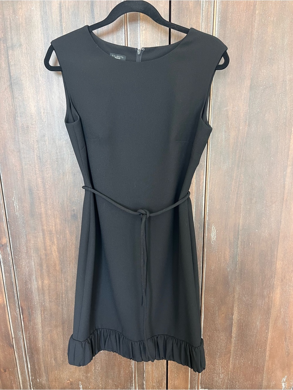 Talbots Black Sleeveless Belted Ruffle-Hem Mini Dress